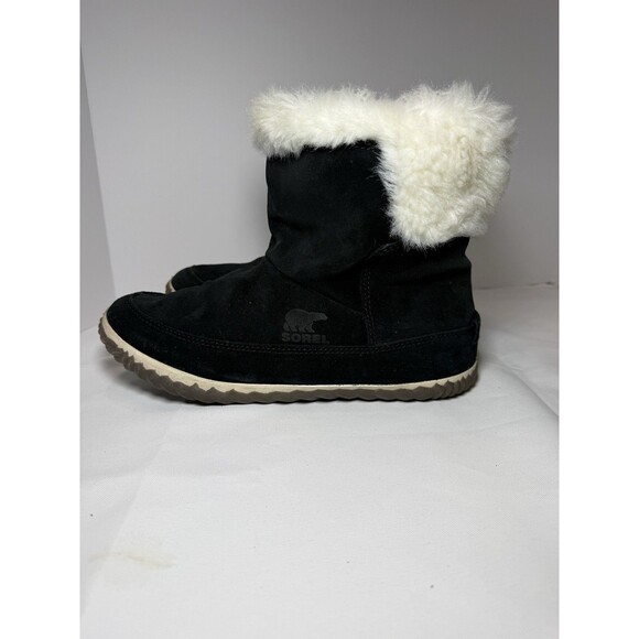 Sorel Explorer Joan Black Suede Leather Faux Fur Winter Boots Women's US 8.5 - Picture 5 of 7